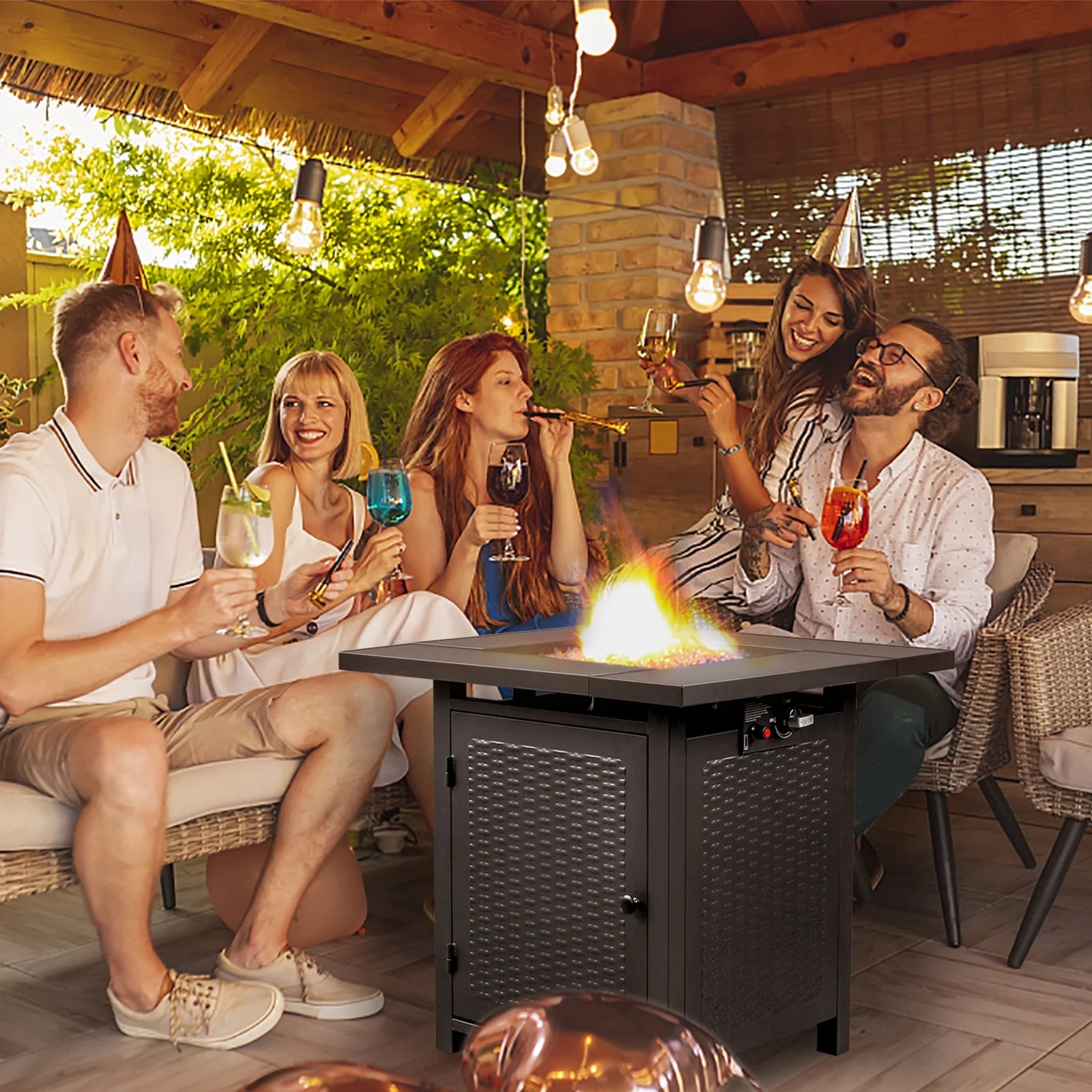 Fire Pit 28In Propane Fire Pit Glass Top with Blue Fire Glass and Lid, 50,000 BTU Gas Fire Pit Table 2 in 1 Large Square Gas Firepit