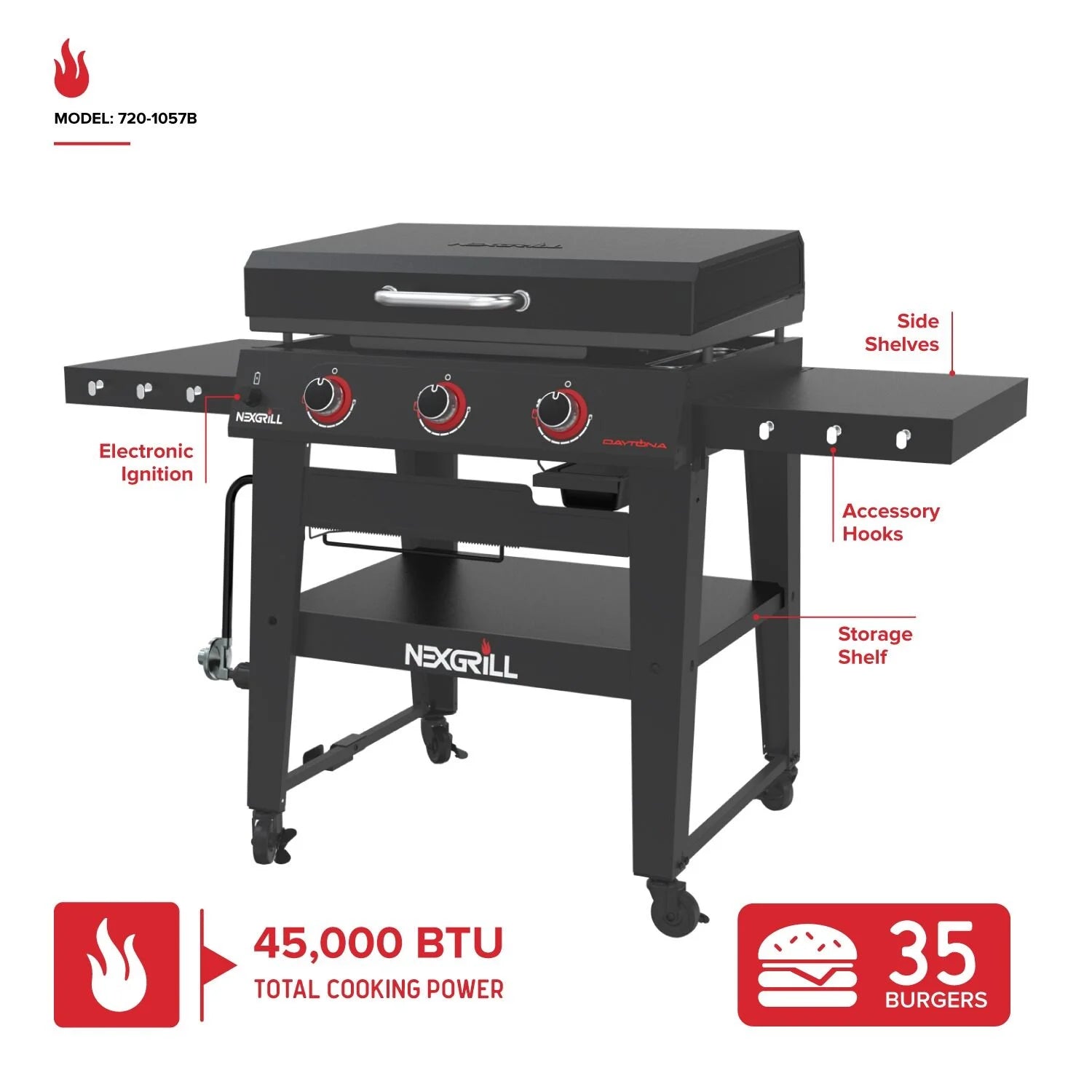 Daytona 3-Burner Propane Gas Griddle with Side Tables, 45000 Btus Flat Top Grill, 630 SQ. In. Hot Rolled Steel Cooking Space, Outdoor Cooking Barbeque, Black - 720-1057B